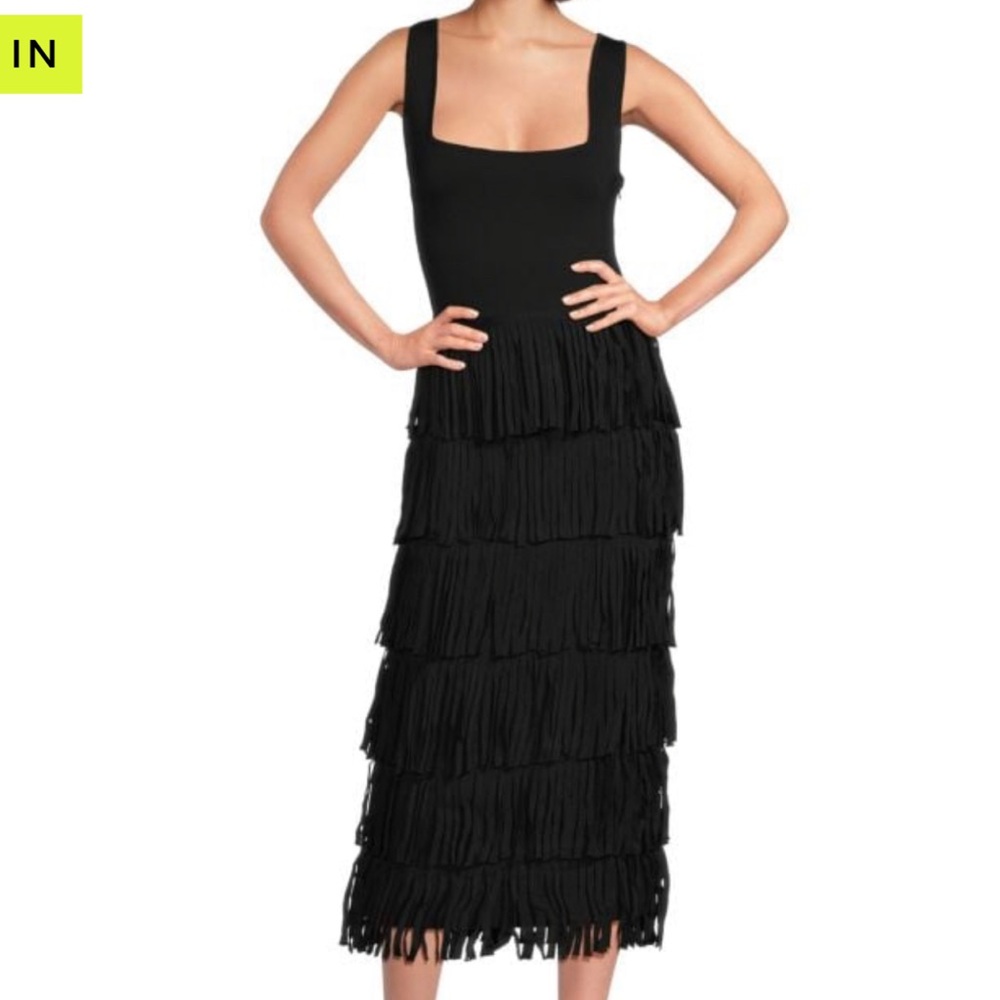 NWT black fringe midi gown dress